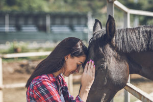 Smiling woman in a red plaid shirt gently touches foreheads with a black horse, sharing a quiet moment at an outdoor stable.